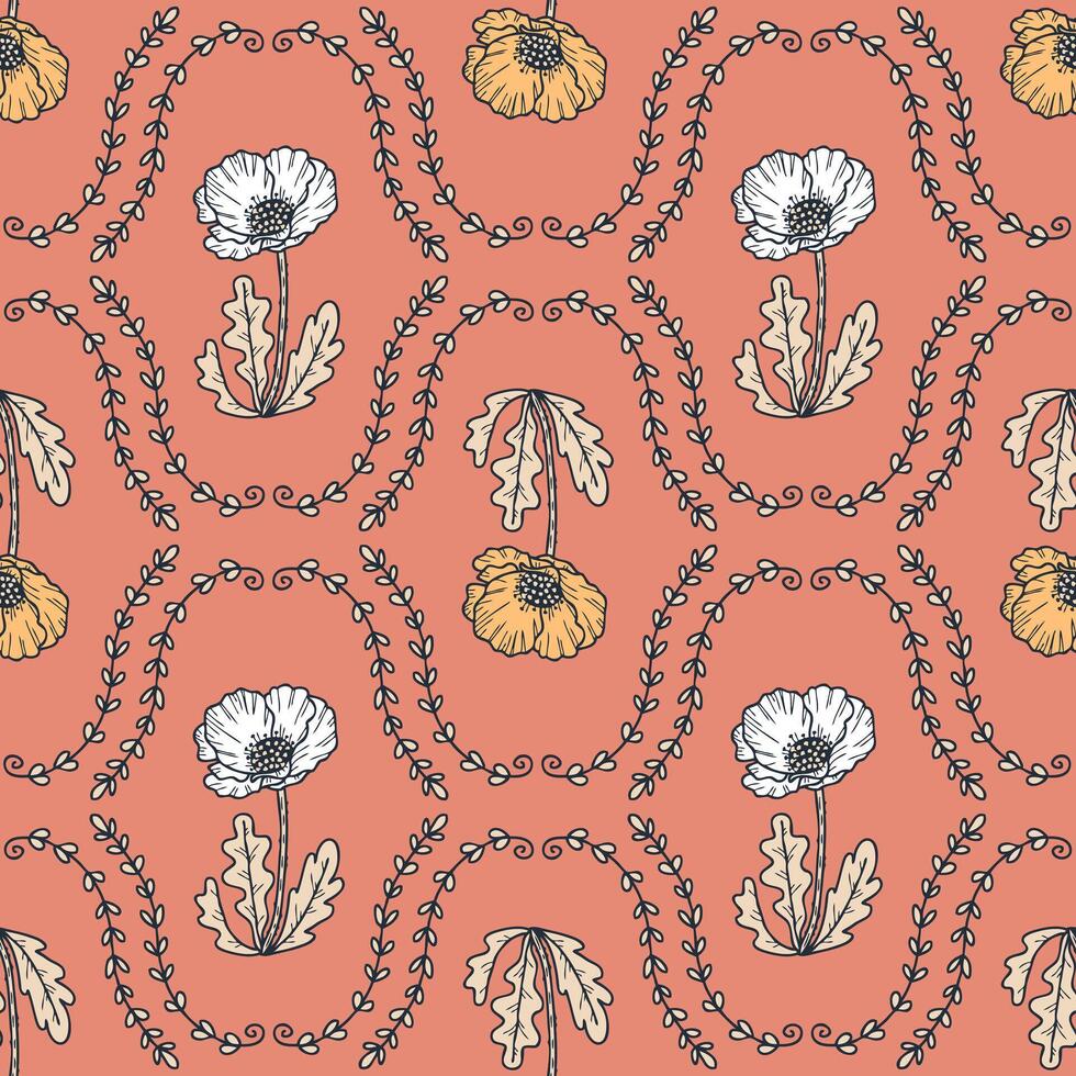 Doodle damask style poppy flowers seamless pattern. Delicate pastel print for tee, paper, textile and fabric. Hand drawn vector illustration.