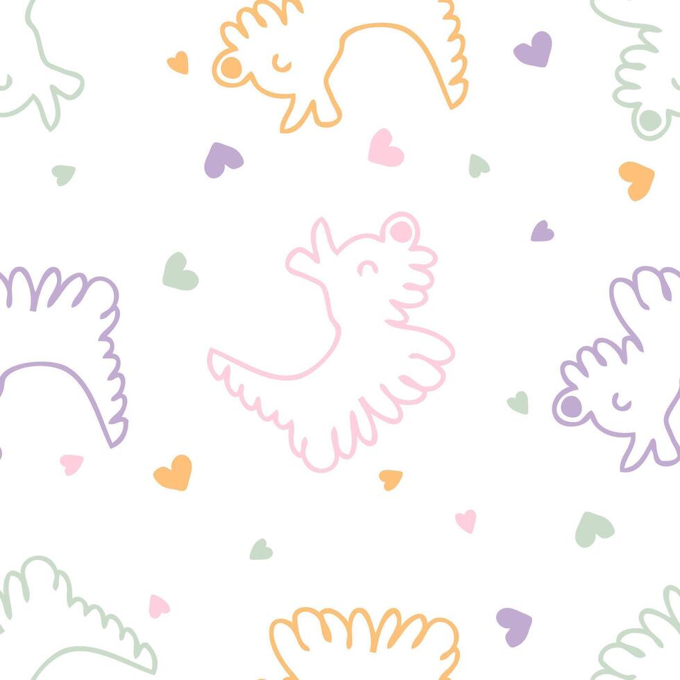 Doodle fluffy dogs with hearts seamless pattern. Love for pets concept. Hand drawn vector print for tee, paper, textile and fabric.
