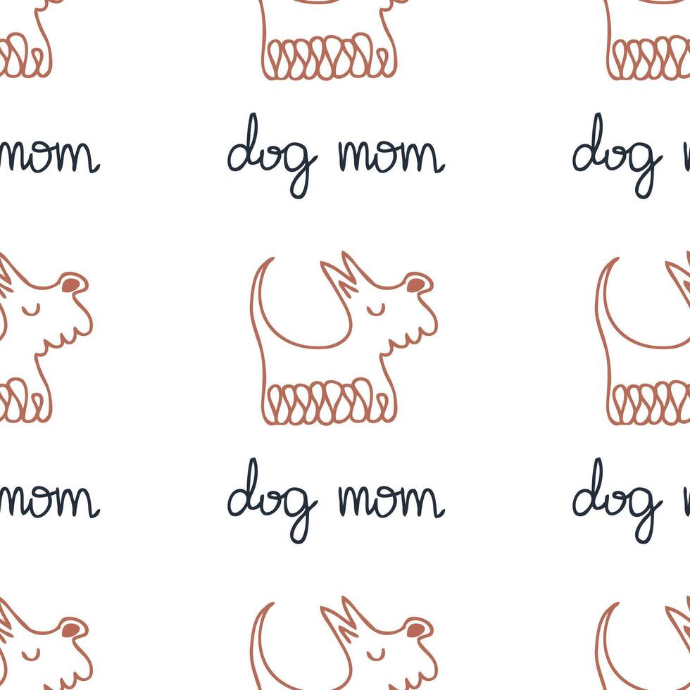Hand drawn shaggy puppy with text dog mom seamless pattern. Perfect print for tee, paper, textile and fabric. Doodle vector illustration.