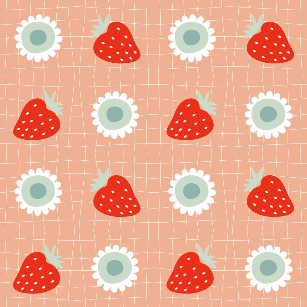 Groovy seamless pattern with daisy flowers and strawberries on grid distorted background. Hippie aesthetic print for fabric, paper, textile. Hand drawn vector illustration.