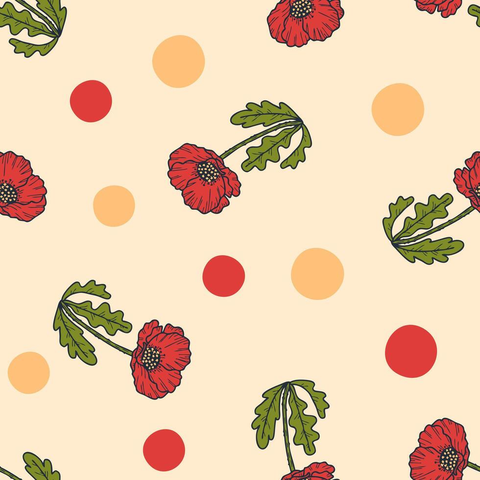 Summer seamless pattern with realistic doodle poppy flowers. Floral print for tee, paper, textile and fabric. Hand drawn vector illustration.