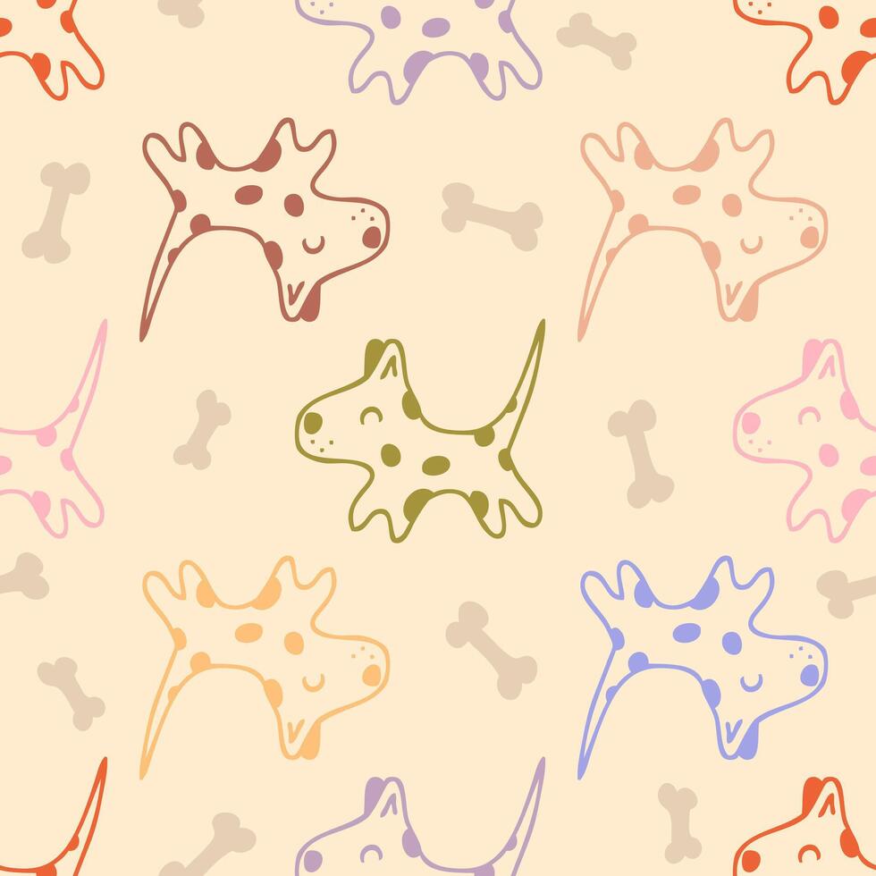 Doodle cute running spotted dogs with bones seamless pattern. Animal cartoon vector character print. Perfect for tee, paper, textile and fabric.