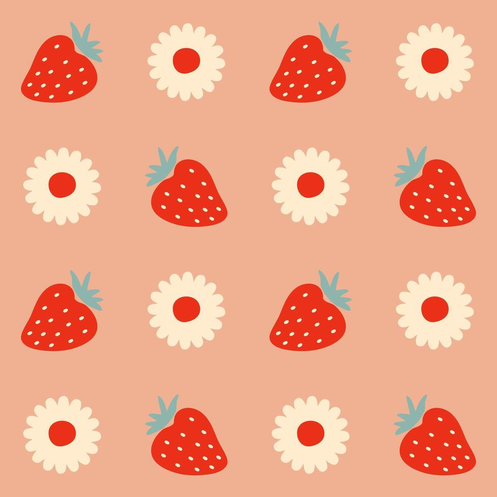 Aesthetic pattern with daisy flowers and strawberries. Summer retro print for curtain, tablecloth, textile and fabric. Hand drawn vector background for decor and design.