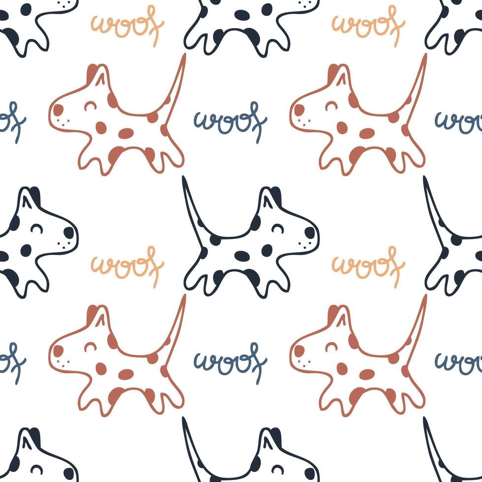 Doodle cute running spotted puppies with text woof seamless pattern. Animal cartoon vector character print. Perfect for tee, paper, textile and fabric.