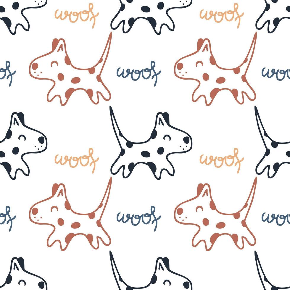 garabatear linda corriendo manchado cachorros con texto guau sin costura modelo. animal dibujos animados vector personaje impresión. Perfecto para tee, papel, textil y tela.