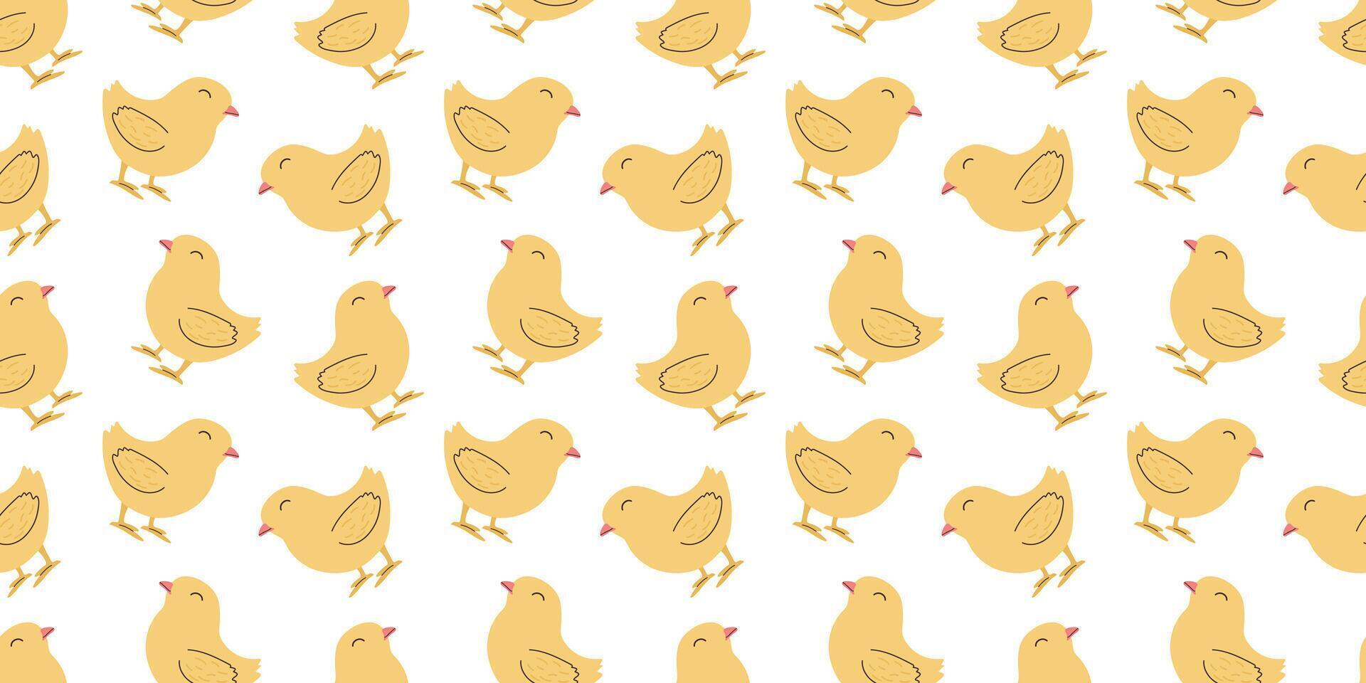 Seamless pattern with Chickens. Easter design for wrapping paper and backgrounds. Hand drawn illustration of Chick bird in kawaii style vector