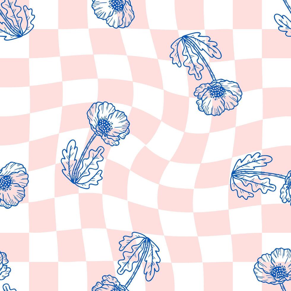 Doodle seamless pattern with poppy flower plants on distorted checkered background. Floral print for fabric, paper, textile. Hand drawn vector illustration.