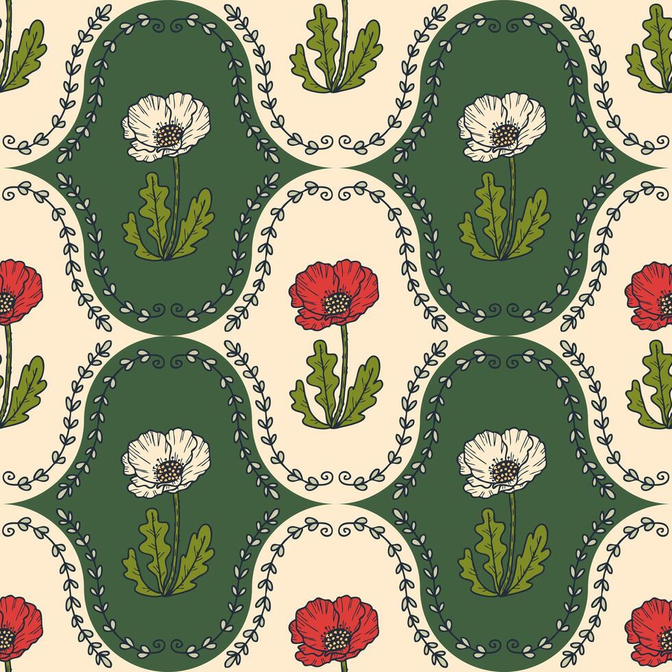 Damask style poppy flowers plants seamless pattern. Bright summer print for tee, paper, textile and fabric. Doodle vector illustration.