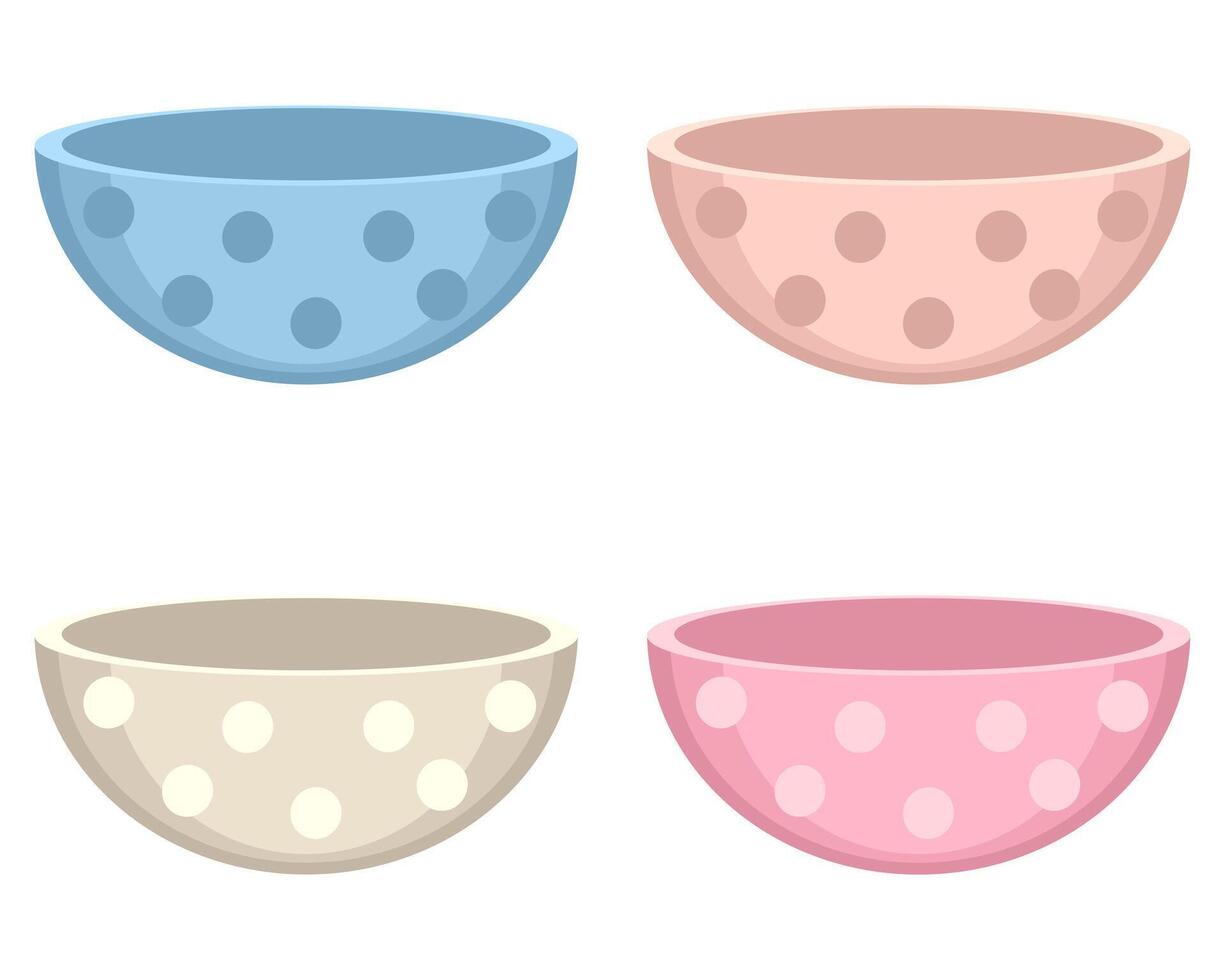 Set of empty bowls with polka dots. Perfect for stickers, poster, menu and print. Isolated vector