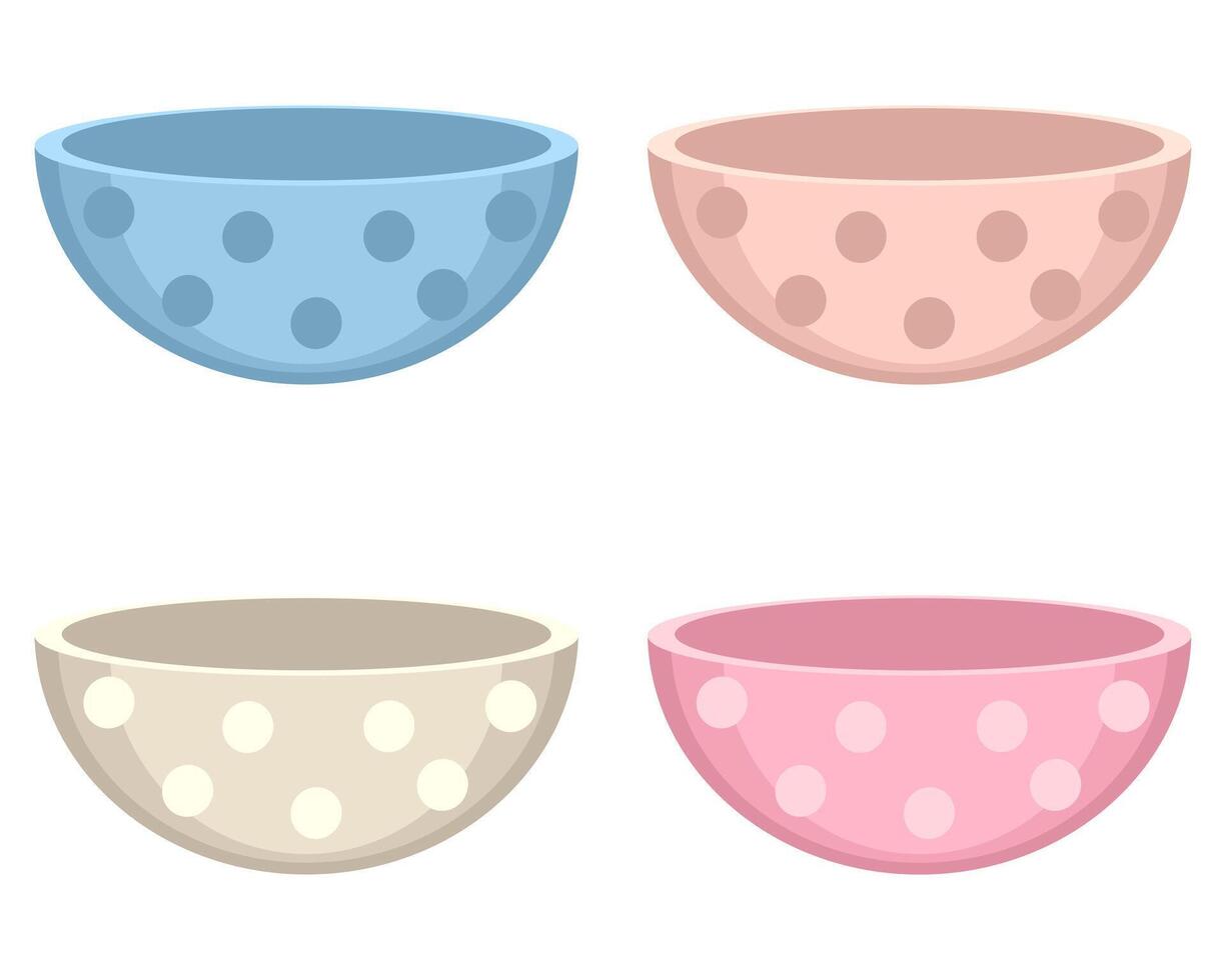 Set of empty bowls with polka dots. Perfect for stickers, poster, menu and print. Isolated vector