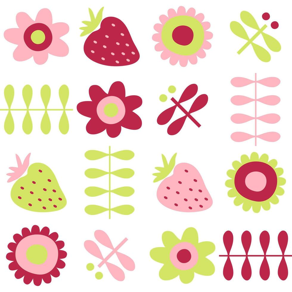 Hippie aesthetic pattern with daisy flowers, strawberries and dragonflies. Psychedelic print for paper, textile and fabric. Hand drawn geometric vector background.