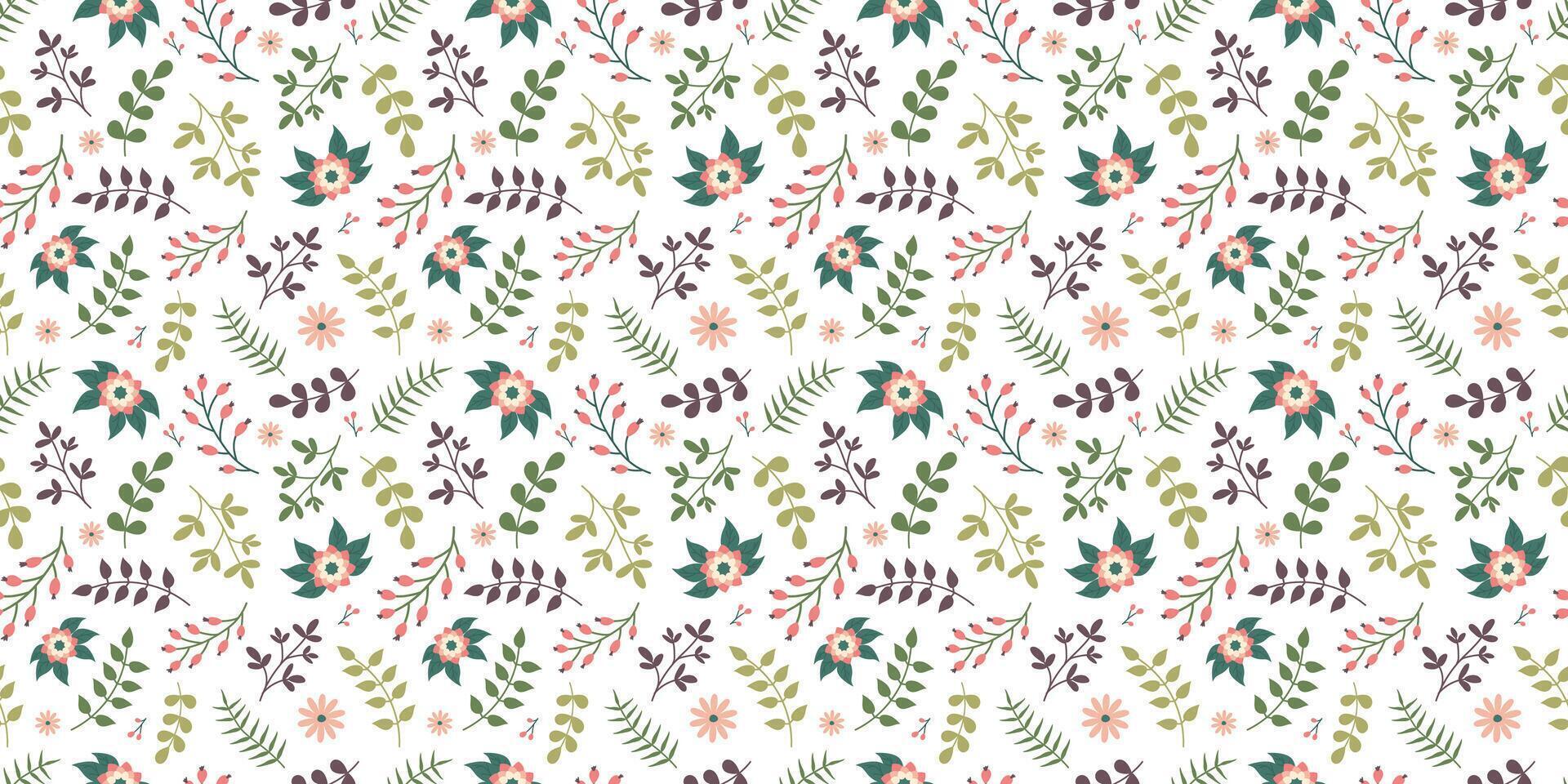 Flower and Leaves Spring elegant seamless Pattern on white background. Floral repeating design for print. Flat summer vector texture. Botanical minimalistic Nature background for textile and wrapping