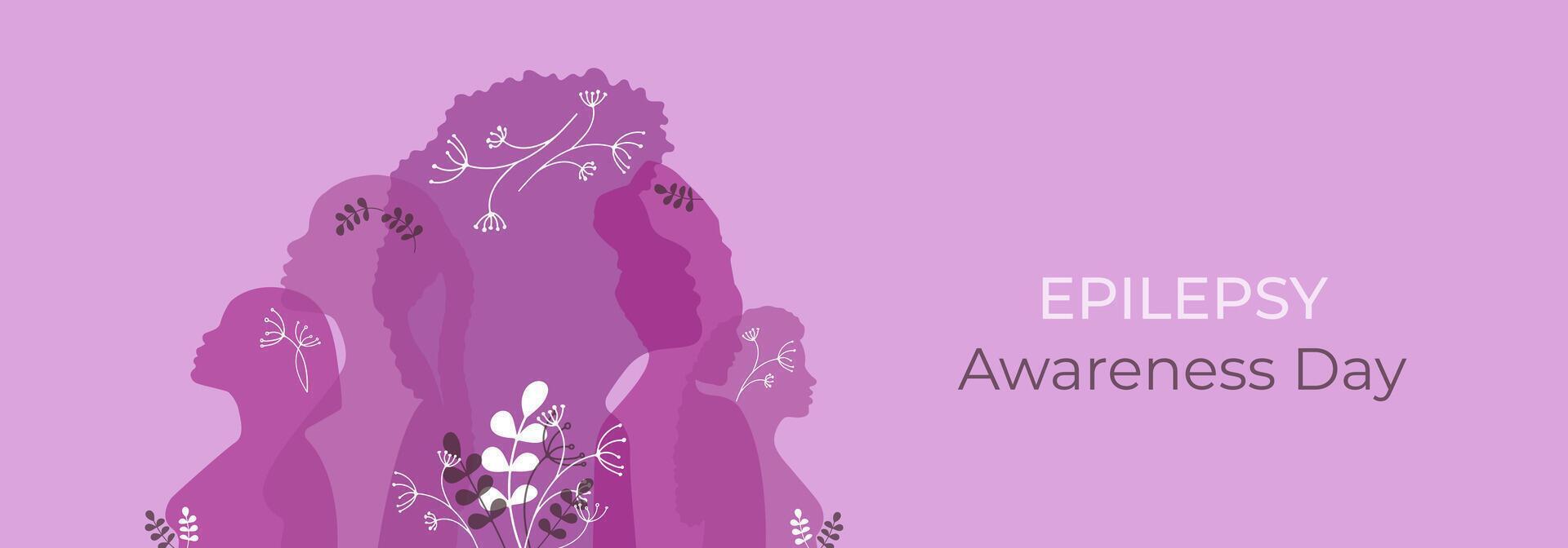 World Epilepsy Awareness Purple Day banner. Various silhouettes of women of different nationalities and appearances. Well-being presentation. Diversity people contour in flat style vector