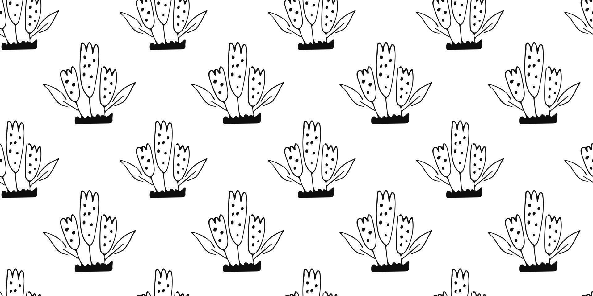 Outline doodle flower seamless Pattern. Hand drawn botanical background with abstract floral motif. Black print for fabric, wrapping paper, wallpaper design vector