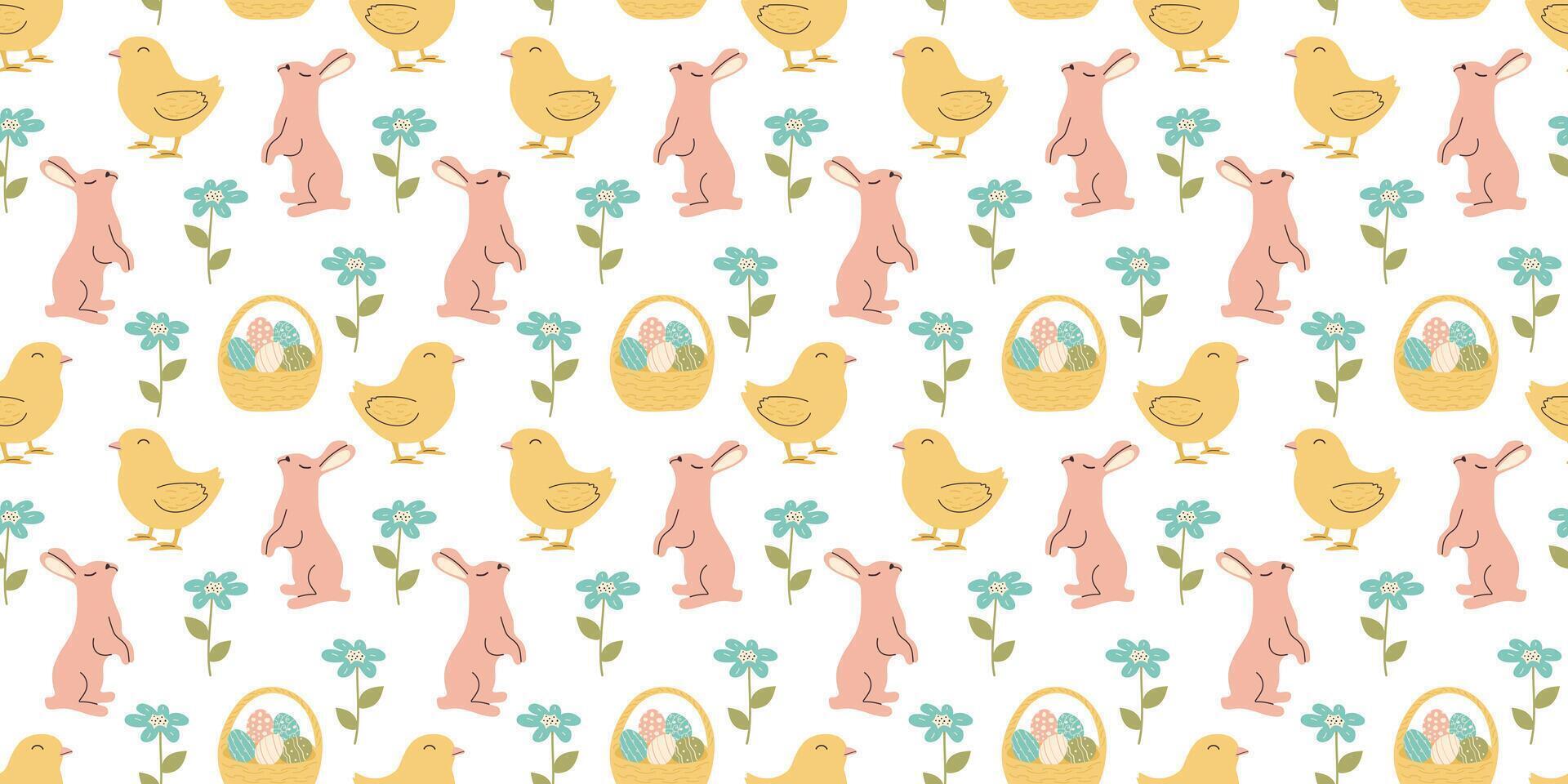 Cute Easter pattern with pink bunnies, chicks and flowers in pastel colors. Seamless design in doodle style. Endless Illustration with Eggs basket. Rabbits with botanical elements vector