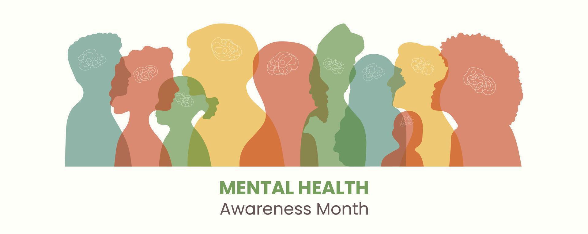 May is Mental Health Awareness Month banner with diversity people silhouette vector