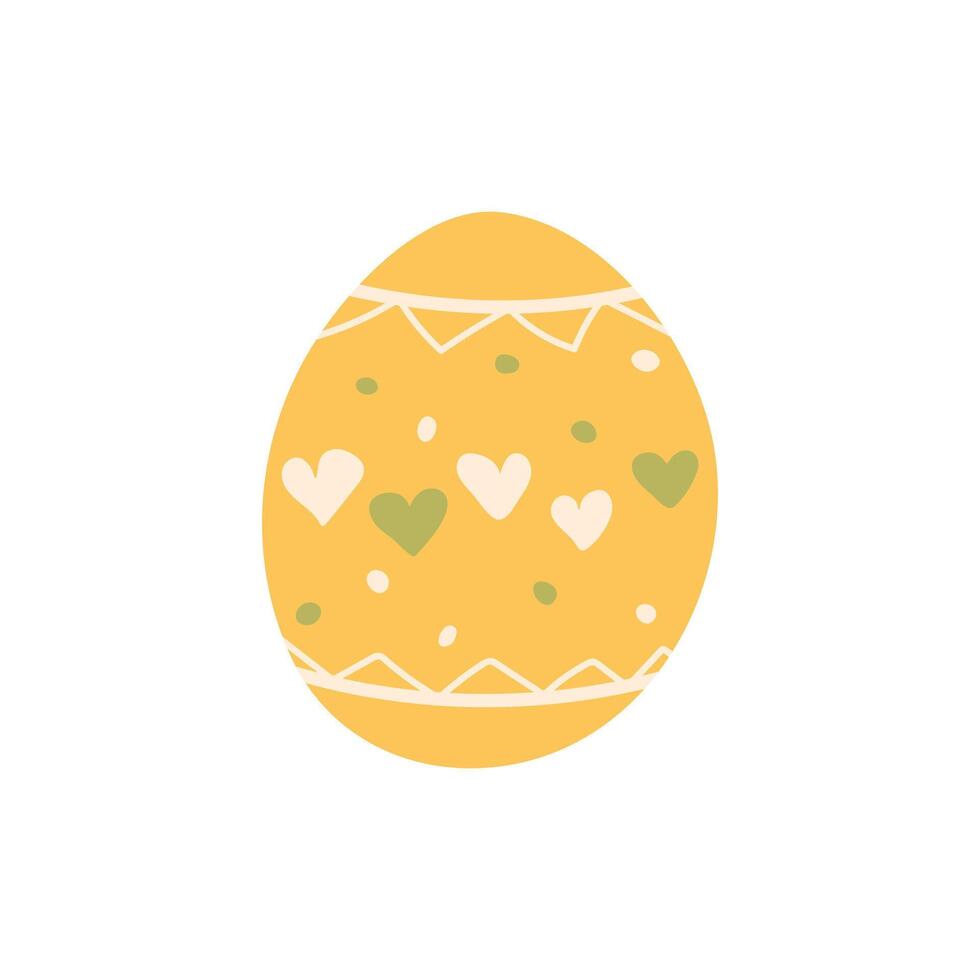 Yellow Hand drawn Easter Egg. Doodle style Shell decorated with hearts. Simple icons and elements for posters and holiday banners vector