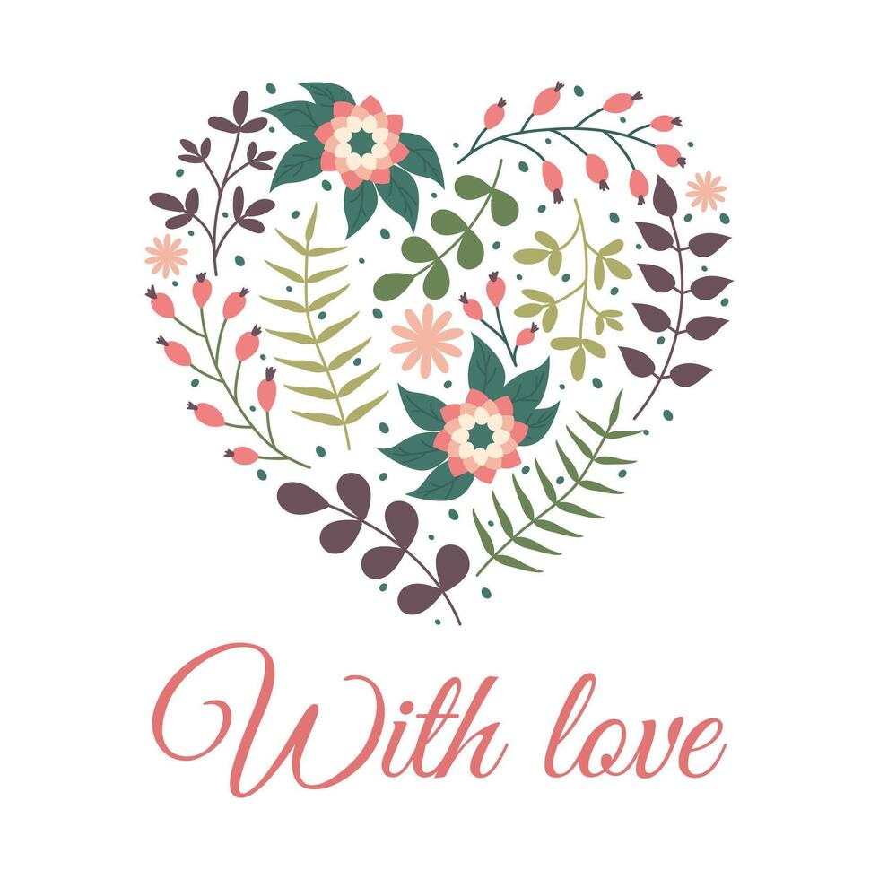 Colorful card with hand drawn spring flowers, leaves and text With Love. Design template in heart shape for postcard, banner, poster. Flat vector illustrations. Happy Mothers Women Day