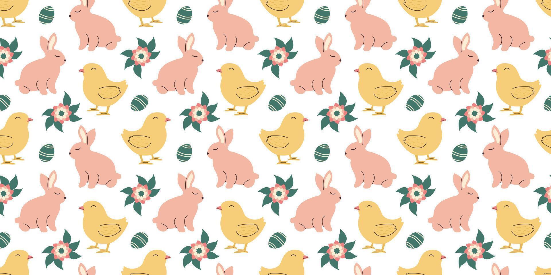 Cute Easter pattern with pink bunnies, chicks and flowers in pastel colors. Seamless design in doodle style. Endless Illustration with animals. White rabbits with botanical elements vector