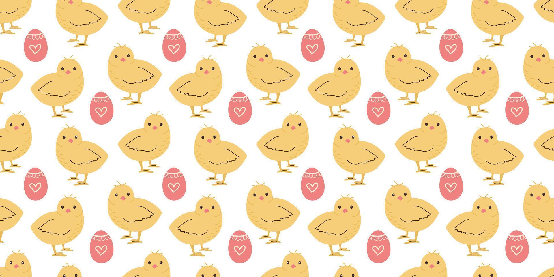 Seamless pattern with Chicken and Eggs. Easter design for wrapping paper and backgrounds. Hand drawn illustration of Chick bird in kawaii style vector