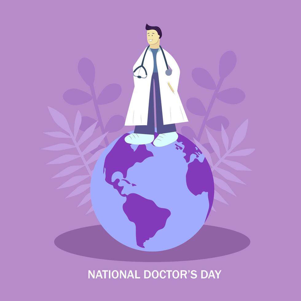 National Doctor's Day. The Doctor stands on top of the planet. Flat vector illustration.