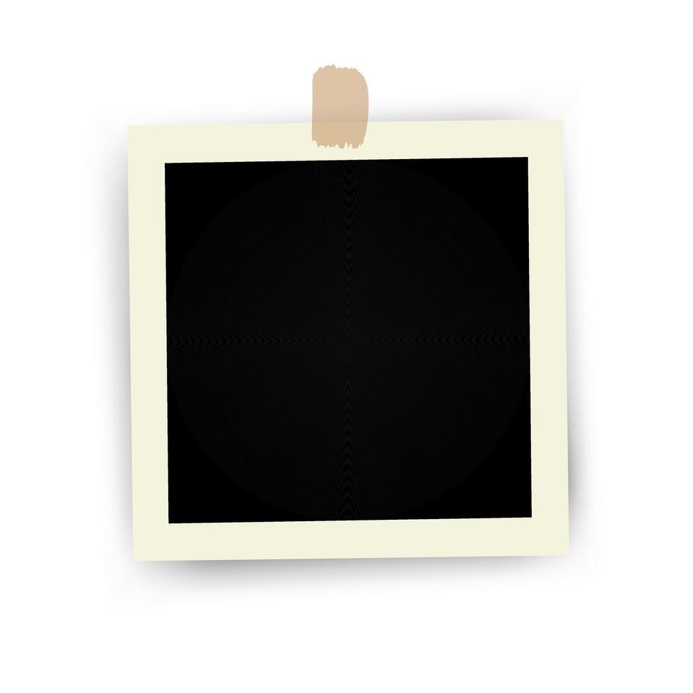 Realistic modern square Photo Frame mock up glued on tape. Taped on photograph Mockup design on white background. Vector illustration for memory in scrapbook or notebook