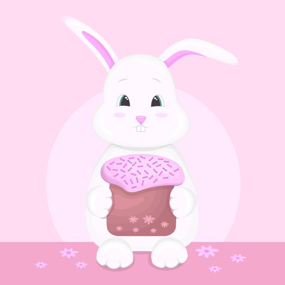 Bunny holding Easter cake. Happy Easter. Vector illustration