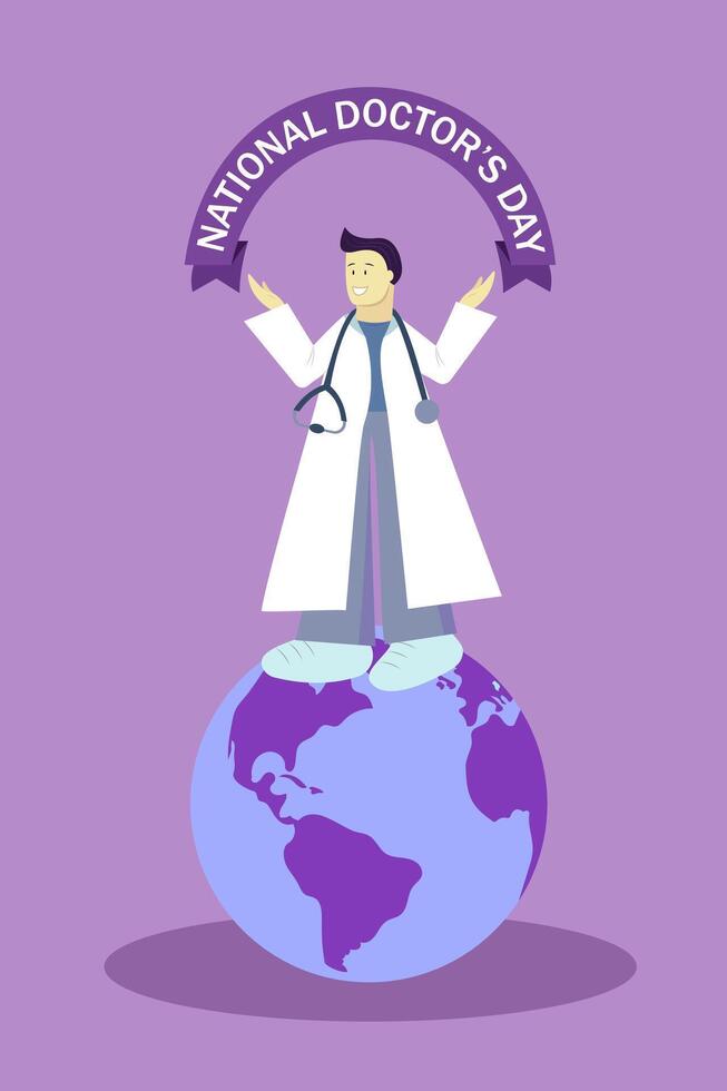 nacional del doctor día. el médico soportes en parte superior de el planeta. plano vector ilustración.