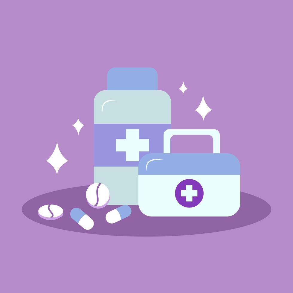 National Doctor's Day. Medicine and health concept. World Health Day. First aid kit and jar of pills. Flat vector illustration.