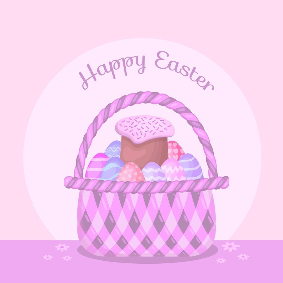 Basket with Easter cake and eggs. Happy Easter. Vector illustration