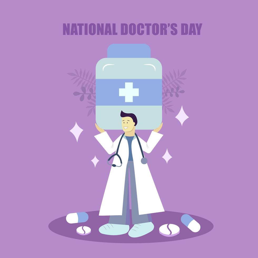 National Doctor's Day. The doctor holds a large jar of pills in his hands. Flat vector illustration.