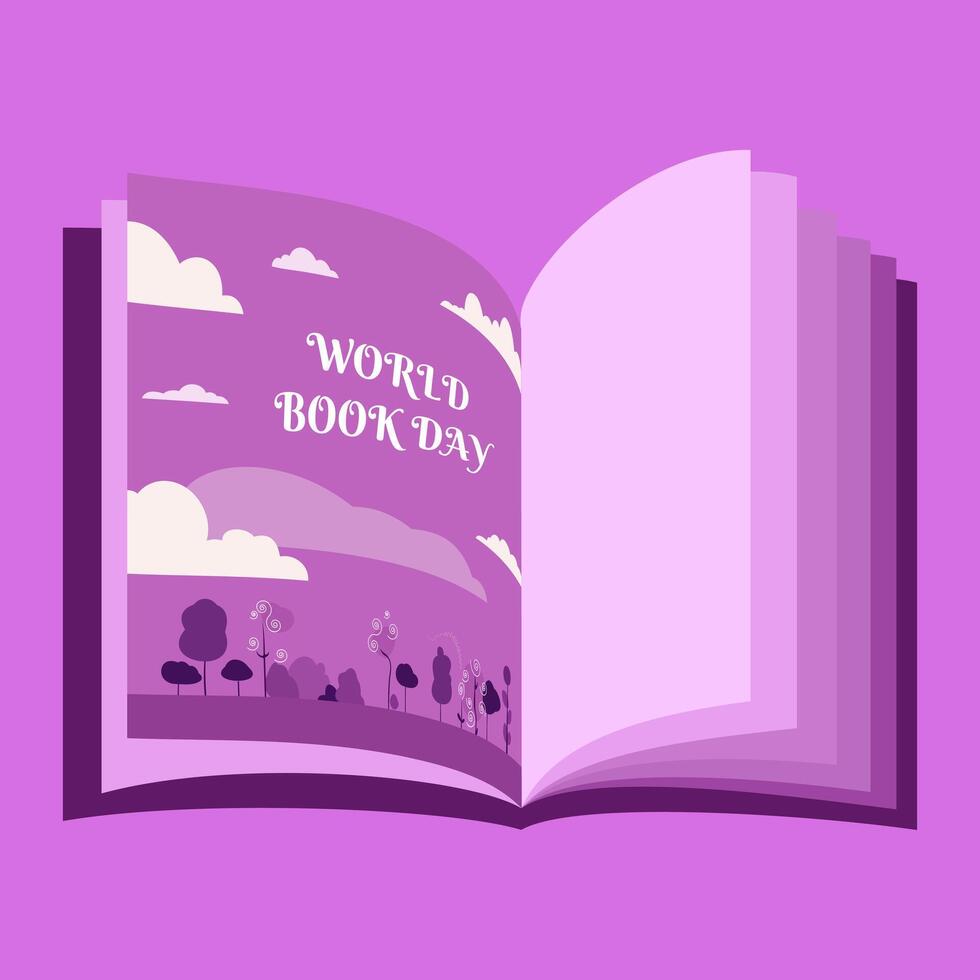 mundo libro día. un libro con un ilustración de el cielo con nubes plano vector ilustración