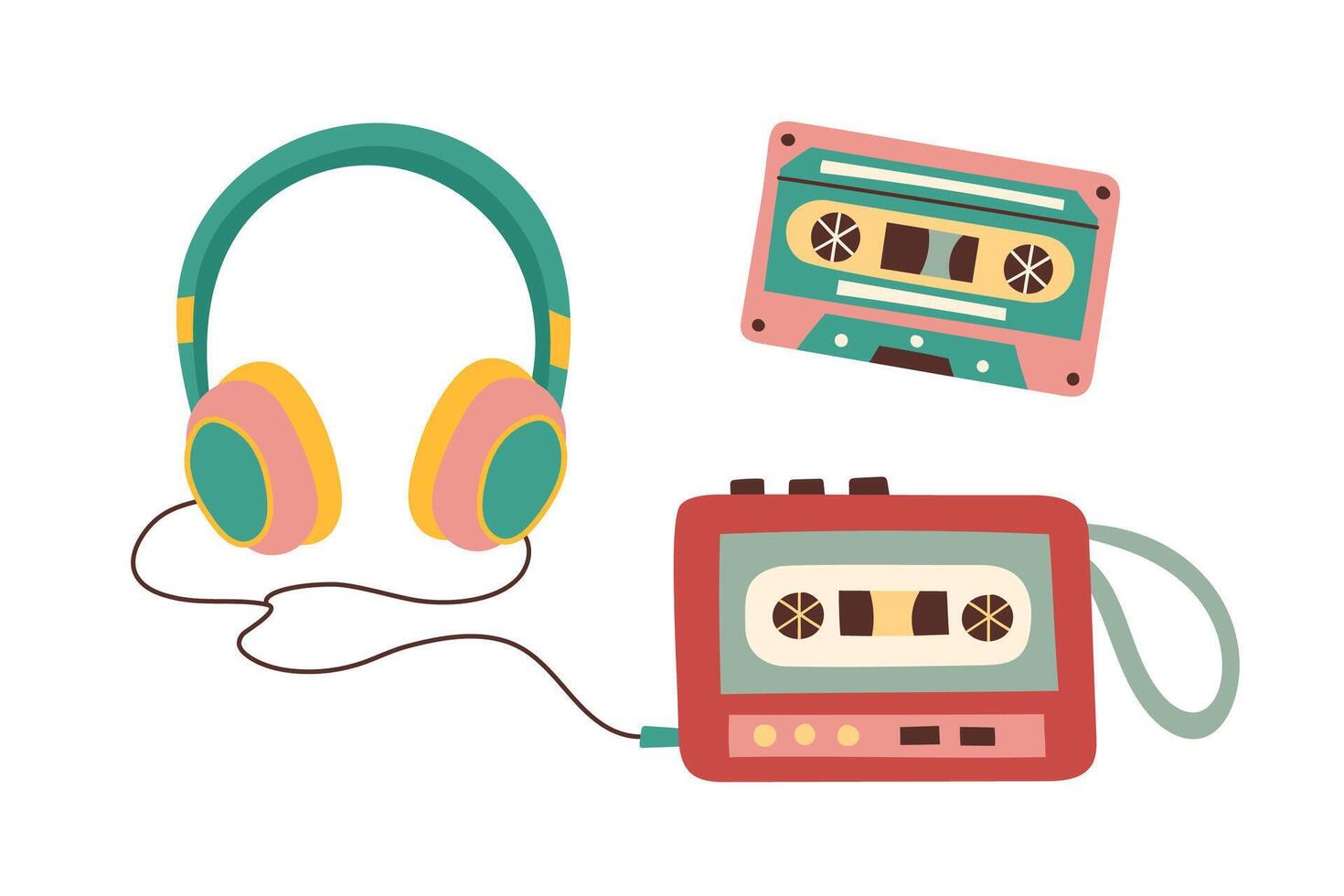 Music set in retro style. Music objects isolated on white. Vector flat hand drawn illustration. Nostalgia.