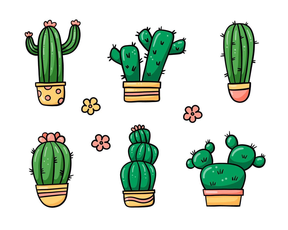 Set of cactuses in doodle style isolated on white background. vector