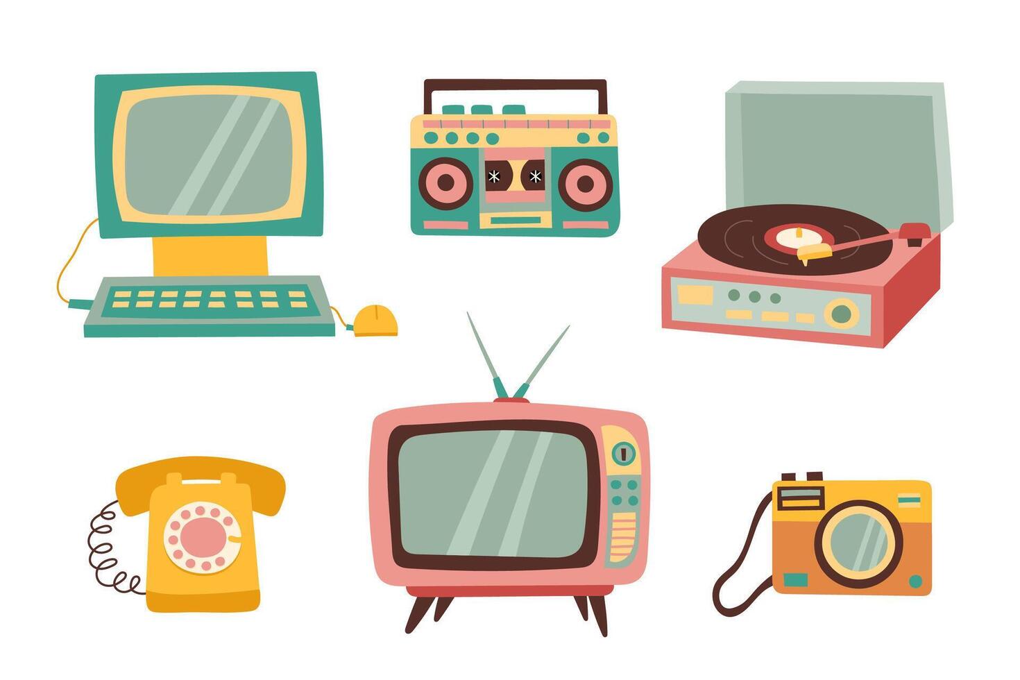 Set of retro old-fashioned electronic devices in flat style. Vector hand drawn illustration.