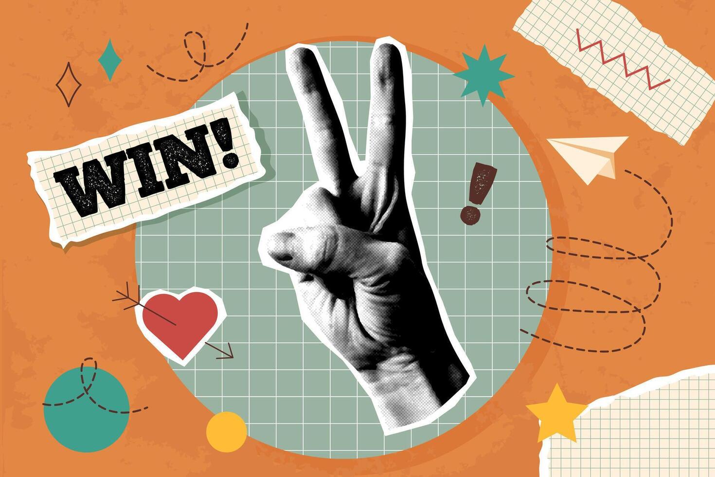 Card in vintage new nostalgia collage style. Paper halftone hand showing gesture victory. Retro vector pop art design.