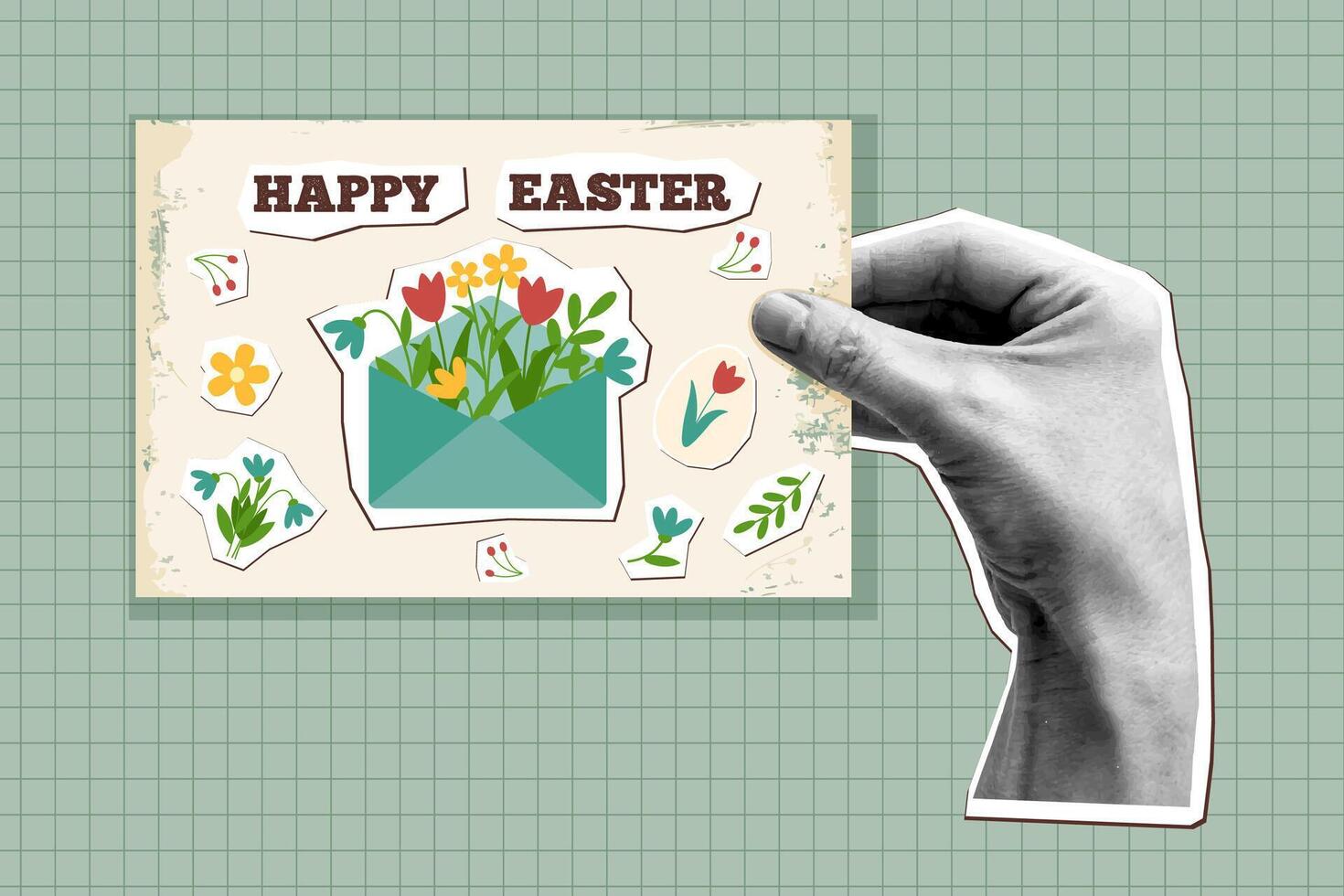 Happy Easter card in new nostalgia style. Retro style. 90s style. Hand holding greeting card, vector illustration template.