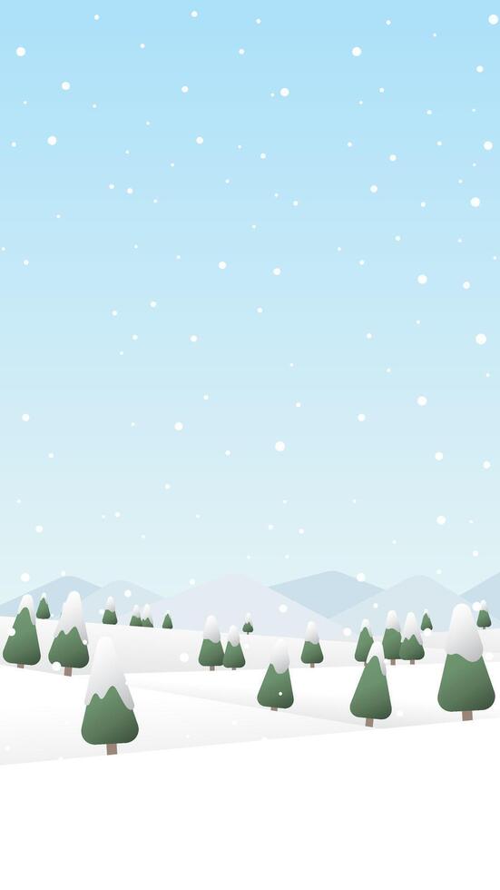 Winter mountains landscape with pines and hills vector illustration. Merry Christmas and Happy New Year greeting card vertical template.