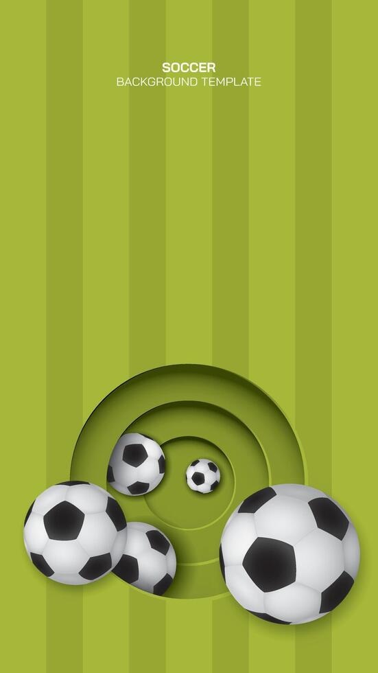 3D vector illustration of soccer balls in circle frame paper cut style with soccer field background have blank space. Football concept background.