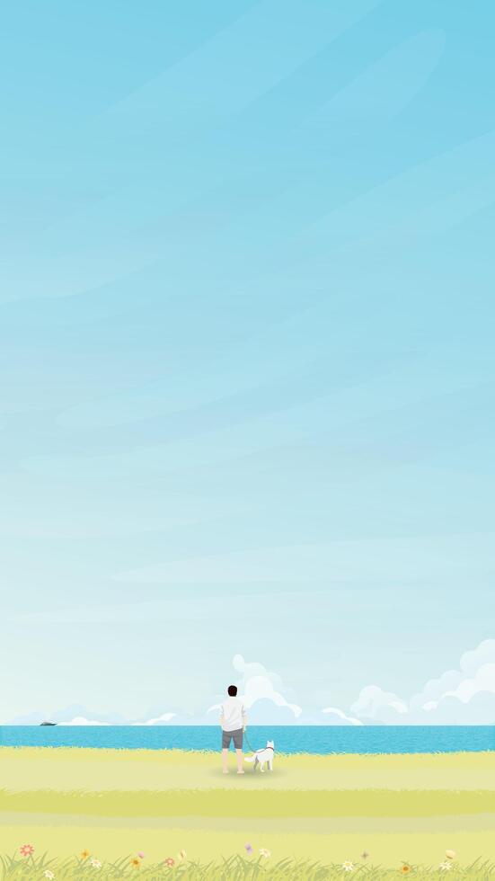 Man with his dog at seashore in summer vector illustration vertical shape. Seascape and blue sky flat design background.