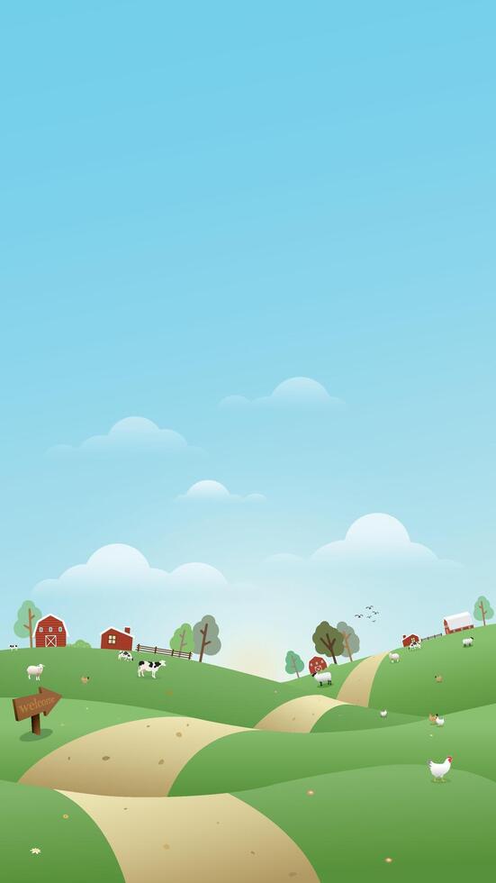 Rural landscape in the morning vector illustration vertical shape with blank space. Livestock flat design for eco or daily products advertisement.