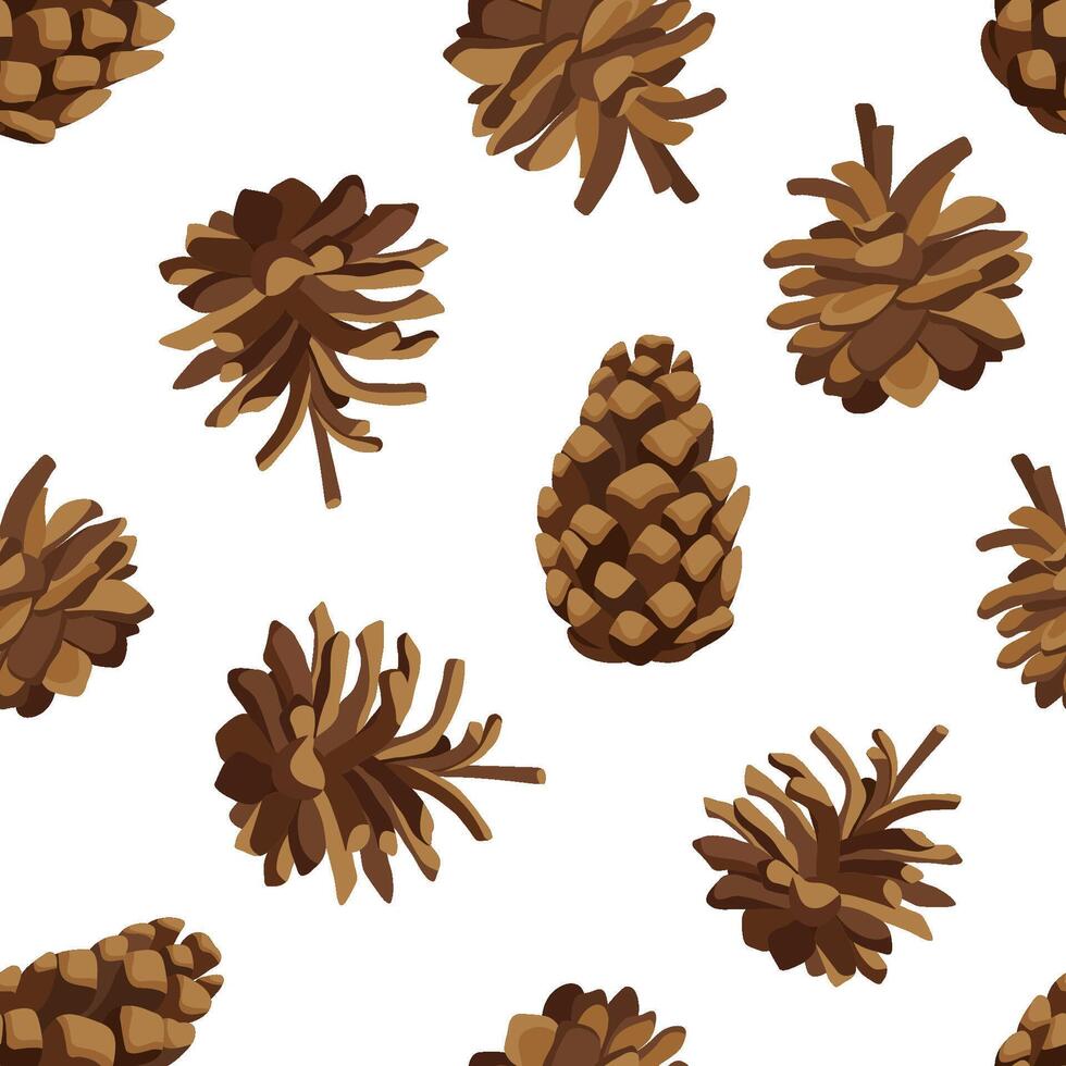 Seamless pattern with various pinecones isolated on white. Vector repeat background with pine cones