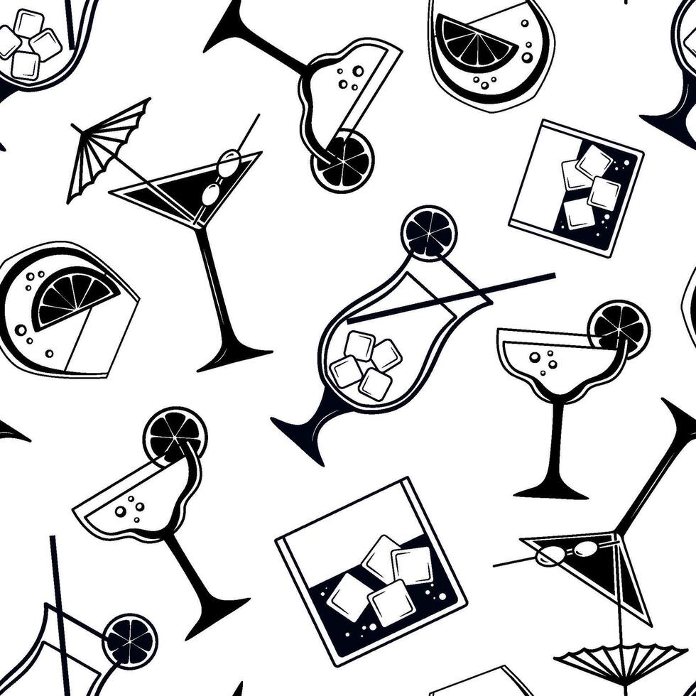 Martini cocktail with umbrella and olive in classic glass. Black and white vector seamless pattern with alcoholic beverages on white background.