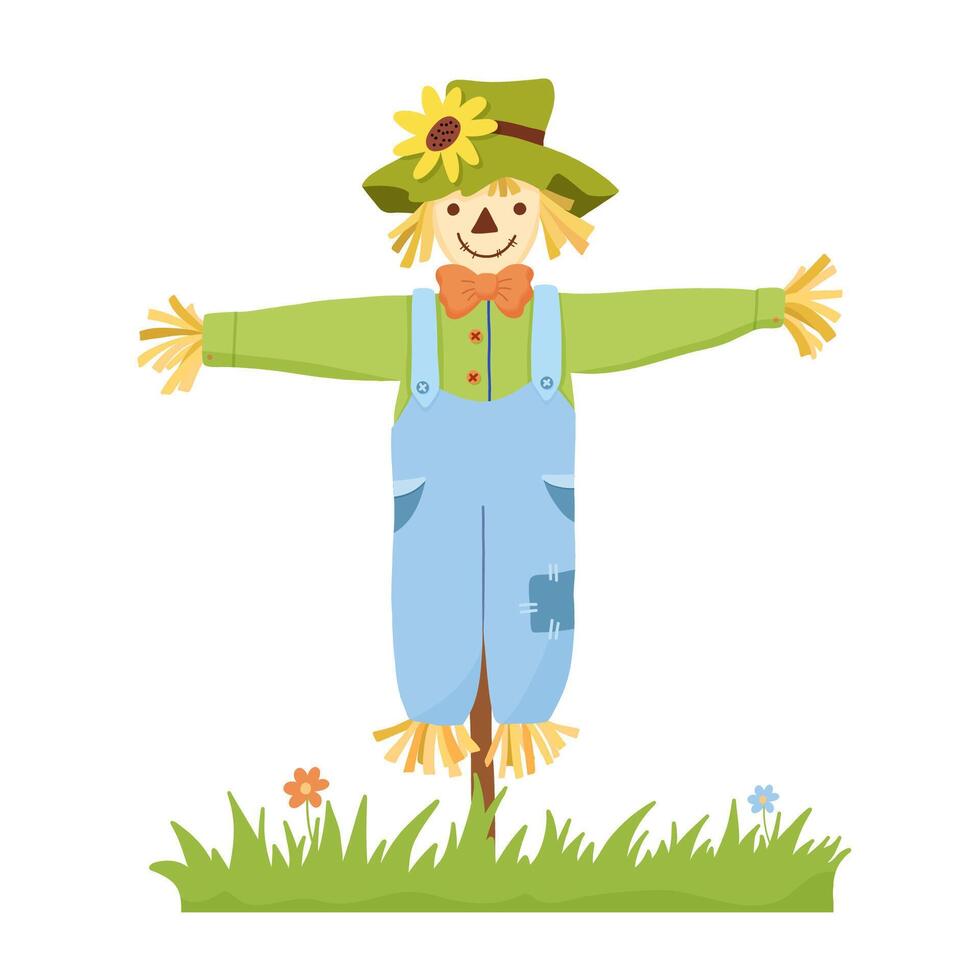 Smiling cute scarecrow character in cartoon style. Vector funny illustration isolated on white