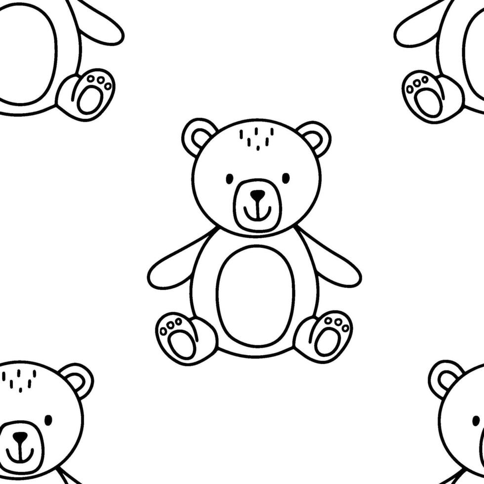 Seamless simple pattern with cute bear toy sketch. Simple vector doodle outline repeat pattern