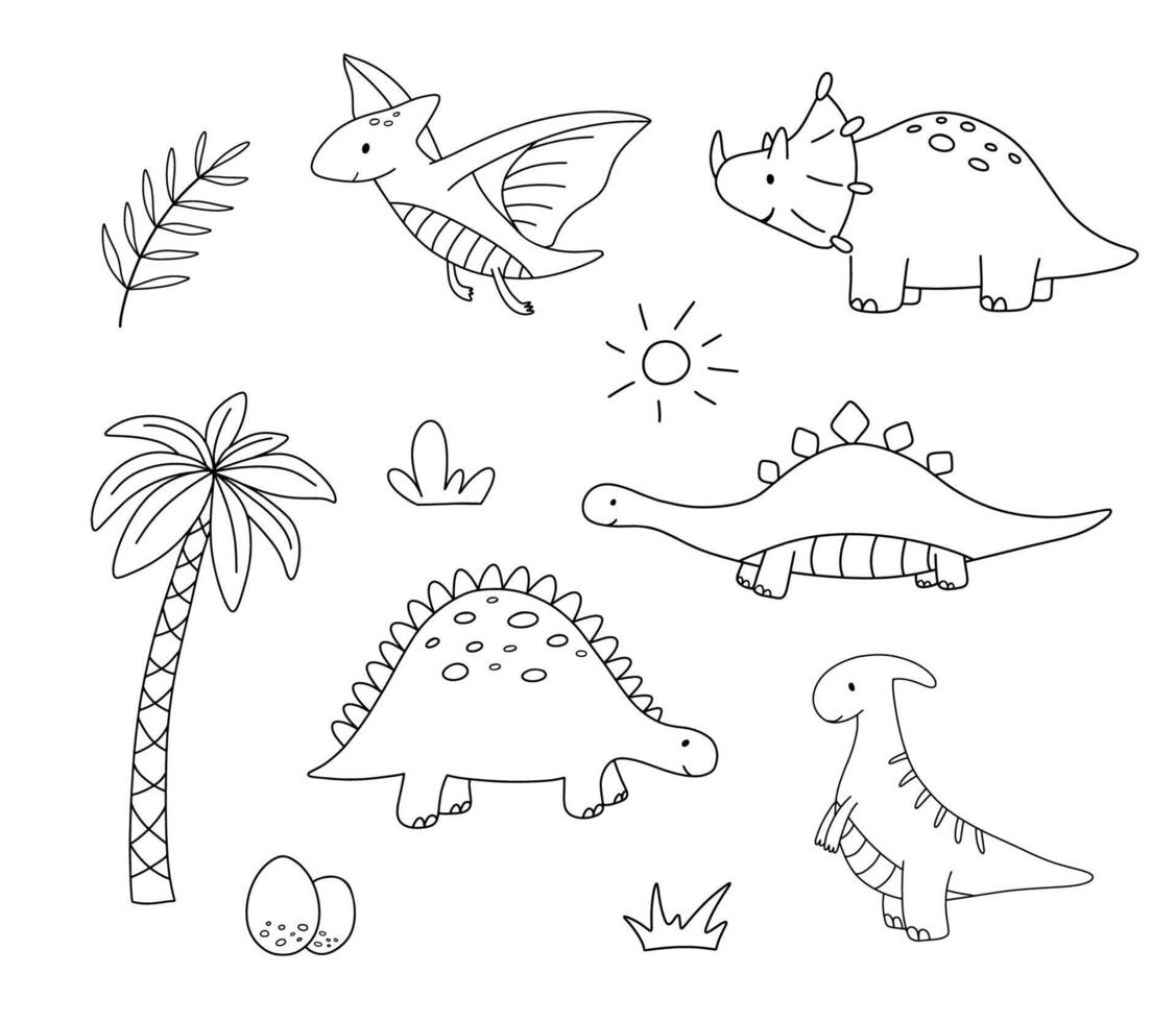 conjunto de linda pequeño bebé dinosaurios vector contorno garabatear ilustraciones aislado en blanco