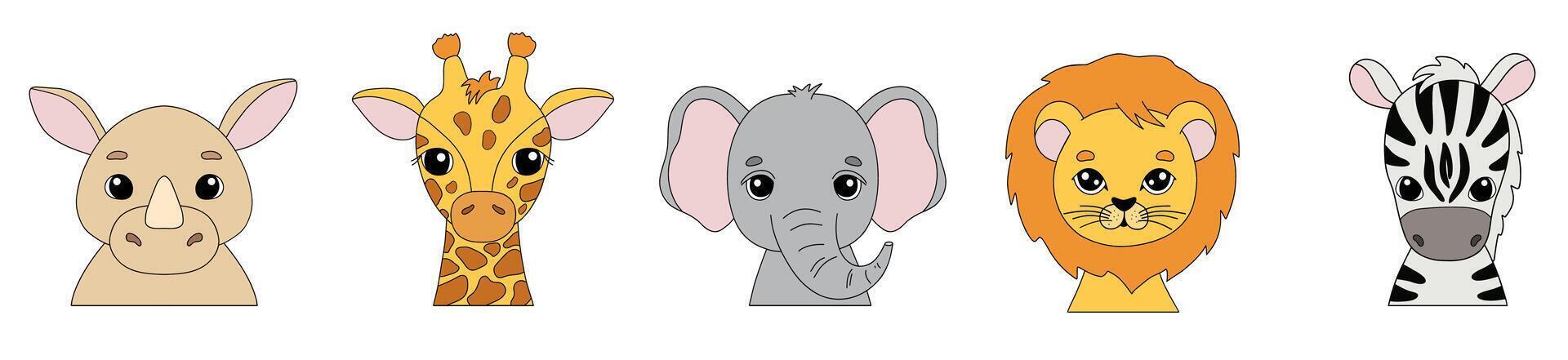 linda vector retratos jirafa, elefante y cebra en dibujos animados estilo. dibujo africano bebé salvaje gato cara aislado en blanco antecedentes. ilustración para niños póster y tarjeta. selva animal