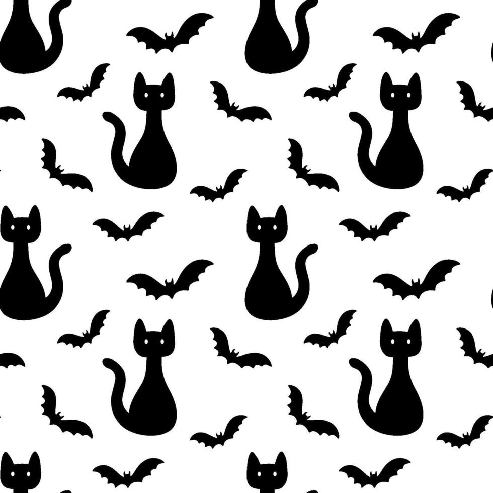 Seamless pattern for Halloween party with black cat and bat. Vector monochrome endless pattern on white. Cat silhouette
