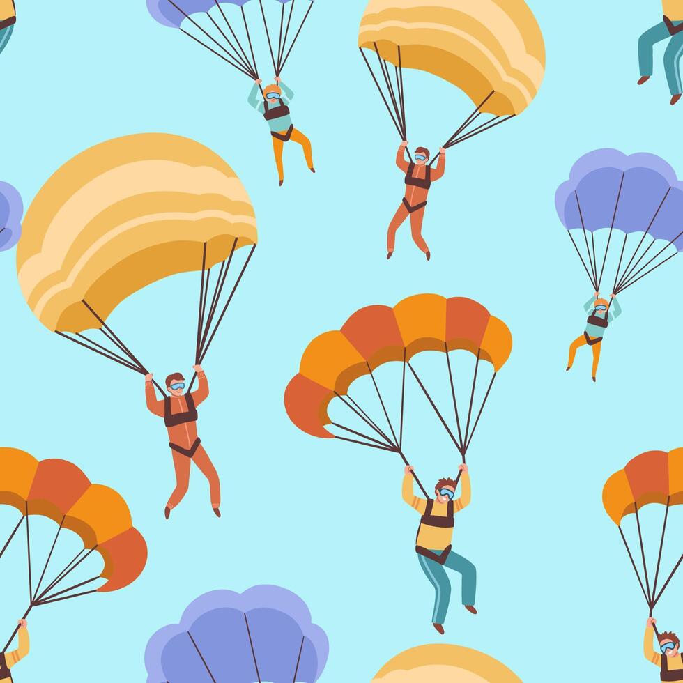 Seamless hand drawn pattern with parachutists. Men with parachutes on blue background. Bright vector illustrations in flat cartoon style.