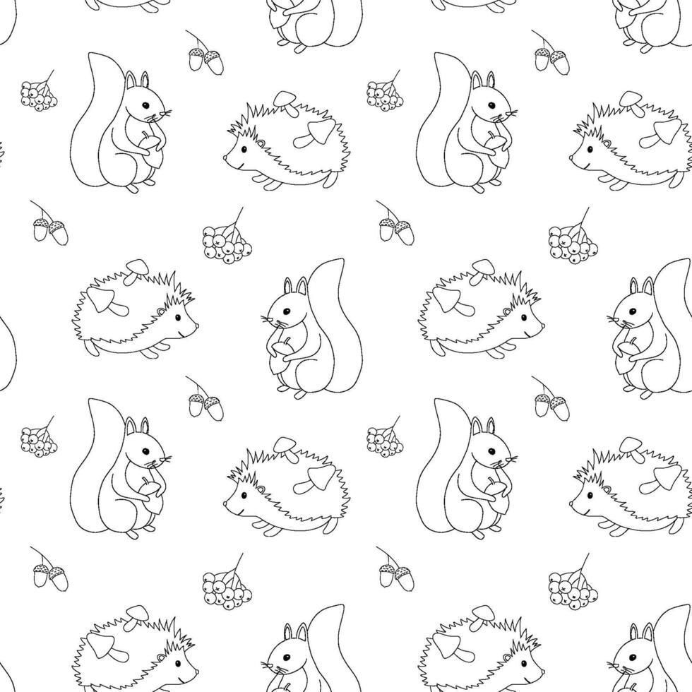 Hand drawn vector monochrome seamless pattern with hedgehog, squirrel and berries. Outline fall baby backdrop.